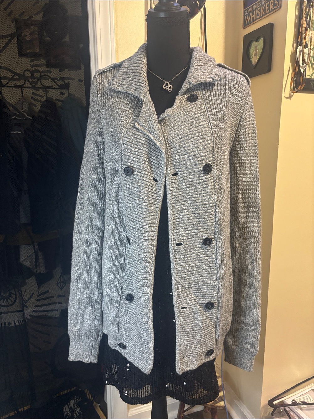 H&M Gray Double-Breasted Ribbed Knit Cardigan